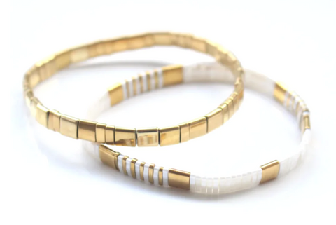 Bracelet - Glass Bead Duo - White/Gold