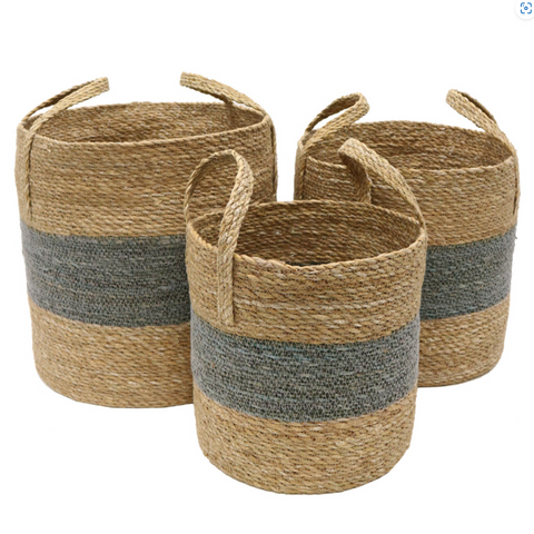 Basket w Handle Natural / Grey Stripe M