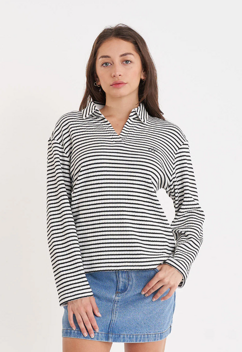 Alfie Stripe LS Polo Chalk Black