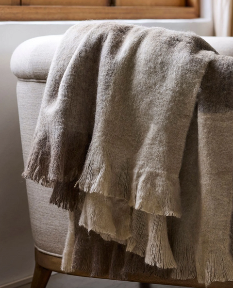 Beige Brown Plaid Fringe Throw