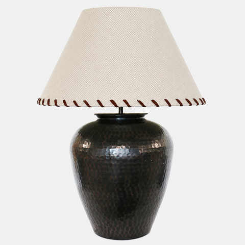 Athena Urn Lamp With Linen Shade Leather Stitching