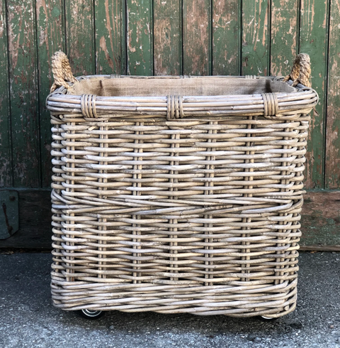 Large Lined Cane Basket on Wheels