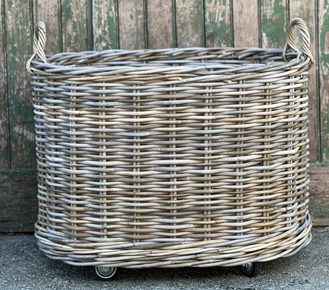 Large Oval Cane Basket on Wheels