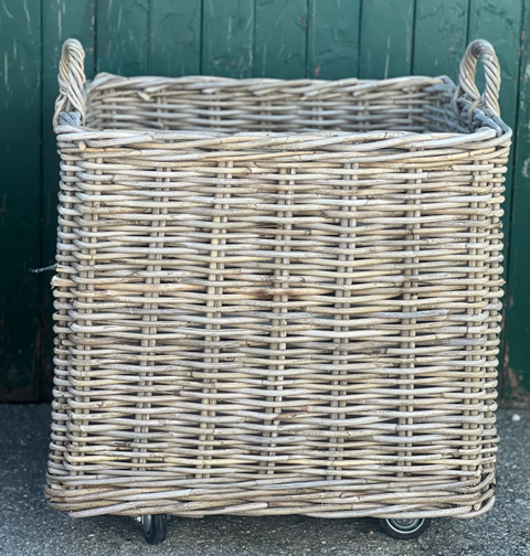 Large Square Cane Basket on Wheels