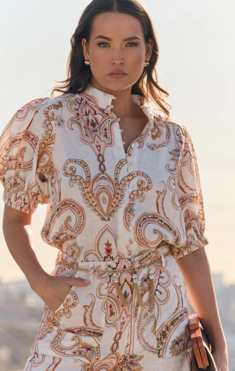 Lilian Short Sleeve Linen Top  (Print )