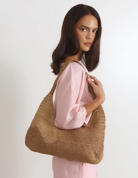 Natural Woven Curved Shoulder Bag Camel