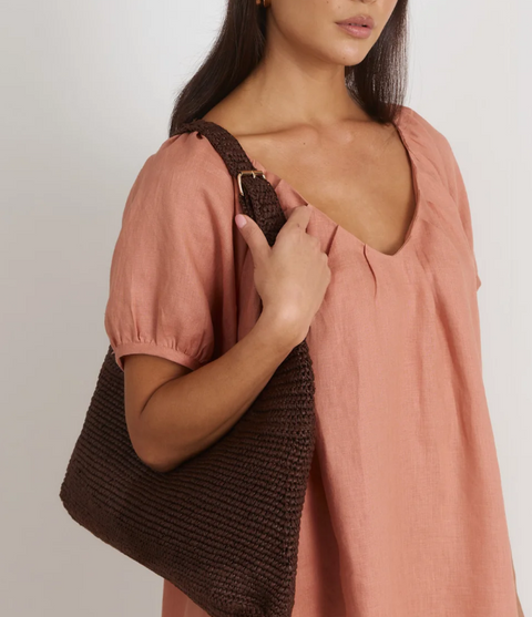 Natural Woven Curved Shoulder Bag Chocolate