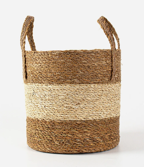 Basket w Handle Natural / White Stripe S