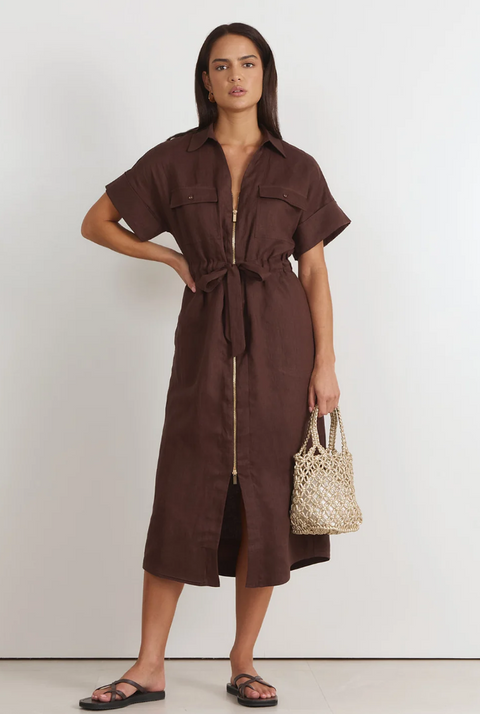 Theodore Linen Midi Dress Chocolate