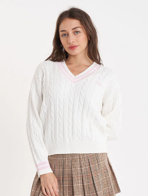 V Neck Cable Knit Sweater Chalk